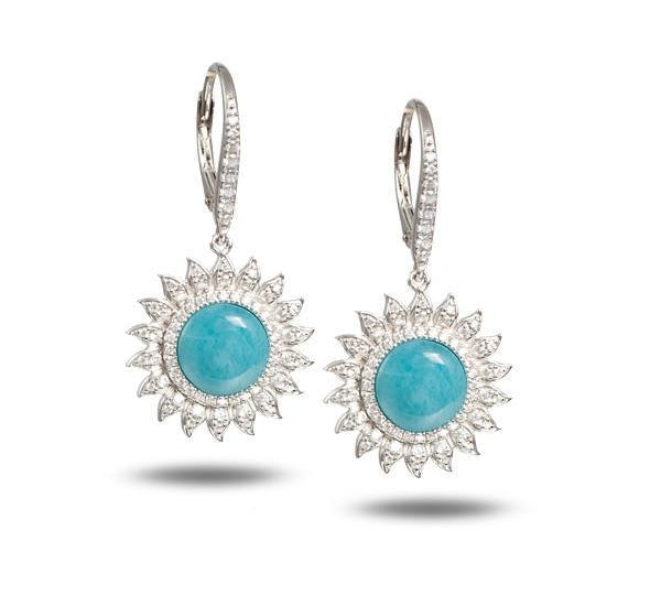 In this photo is a pair of sterling silver sunflower dangle earrings with blue larimar and topaz gemstones.