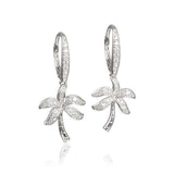 In this photo there is a pair of sterling silver palm tree earrings with topaz gemstones.