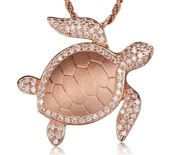 The picture shows a 925 sterling silver, rose gold plated, sea turtle pendant with topaz.