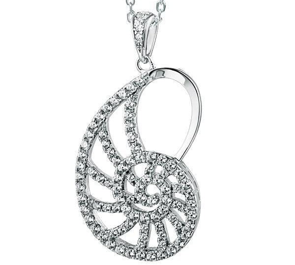 The picture shows a 925 sterling silver pavé white gold vermeil nautilus shell pendant with topaz.