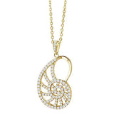 The picture shows a 925 sterling silver pavé yellow gold vermeil nautilus shell pendant with topaz.