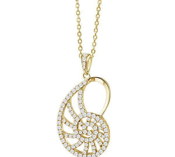 The picture shows a 925 sterling silver pavé yellow gold vermeil nautilus shell pendant with topaz.