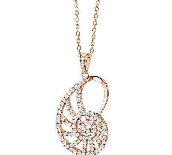 The picture shows a 925 sterling silver pavé rose gold vermeil nautilus shell pendant with cubic zirconia.