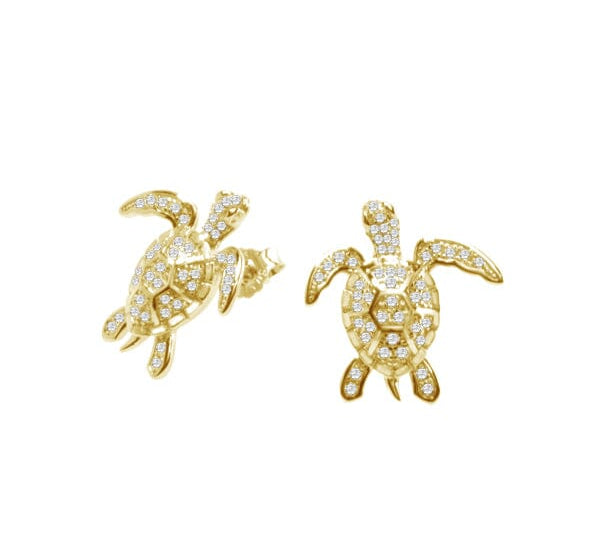 Pavé Paia Honu Stud Earrings Pendant Island by Koa Nani Yellow Gold 