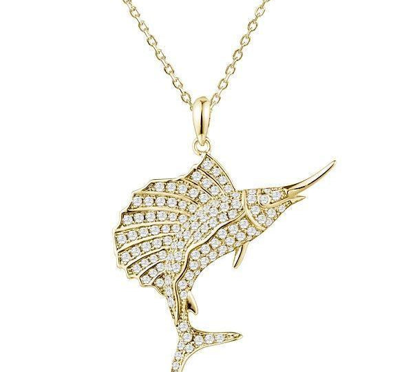 The picture shows a 925 sterling silver, yellow gold-vermeil, sailfish pendant with topaz.