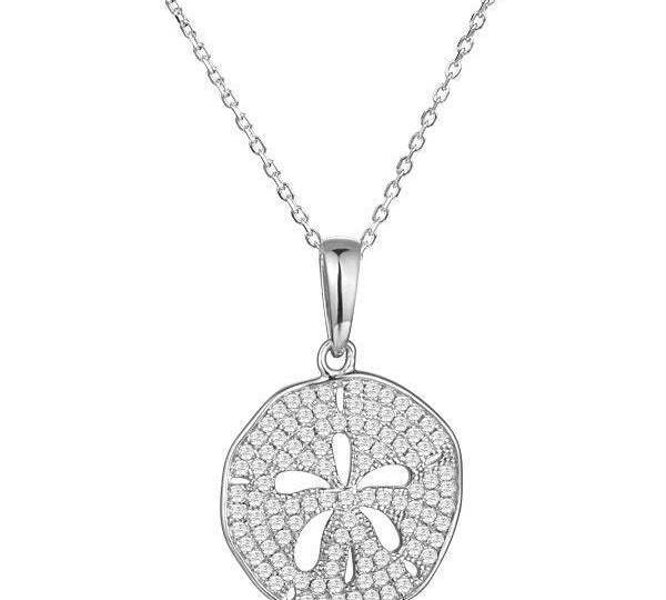 The picture shows a medium 14K white gold pavé sand dollar pendant with diamonds.