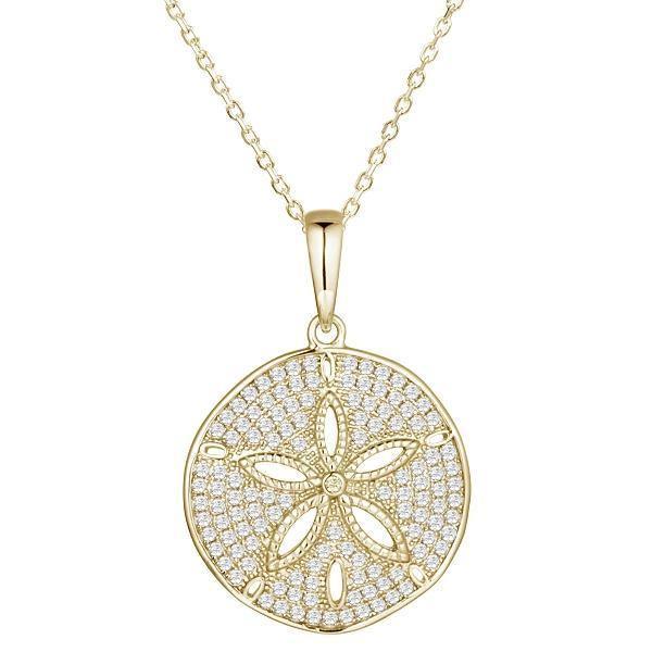 The picture shows a medium 925 sterling silver, yellow gold vermeil, pavé sand dollar pendant with topaz.