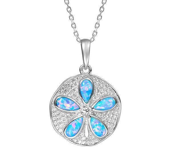 The picture shows a 925 sterling silver pavé sand dollar pendant with opalite and topaz.