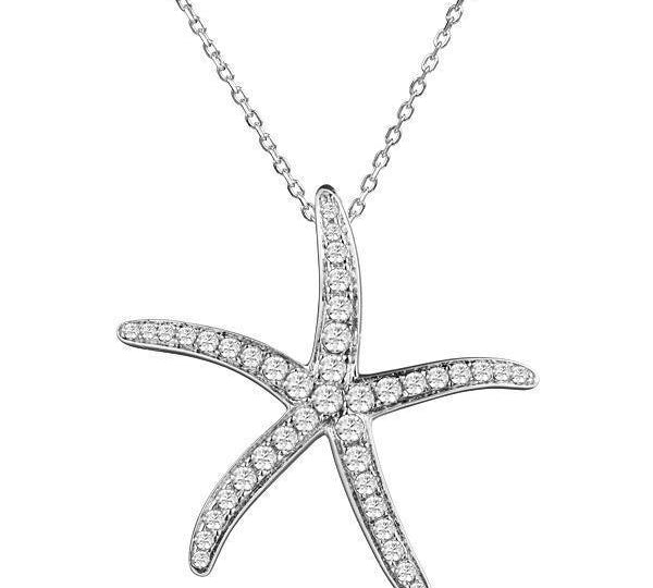 The picture shows a 925 sterling silver, white gold vermeil, sea star pendant with topaz.