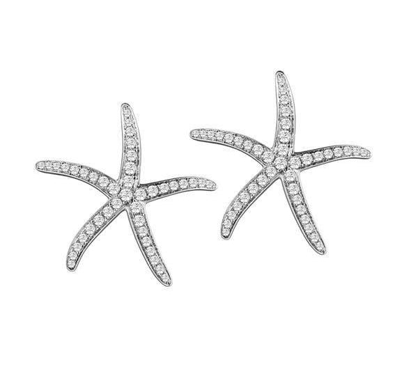 The picture shows a pair of 925 sterling silver sea star stud earrings with topaz.