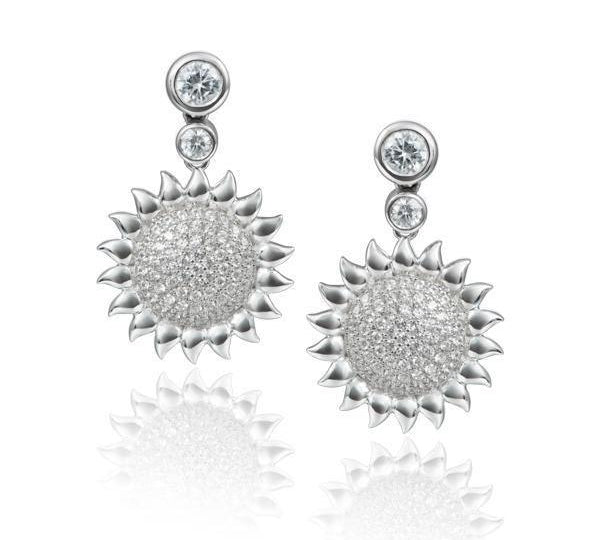 In this photo there is a pair of sterling silver sunflower earrings with topaz gemstones.