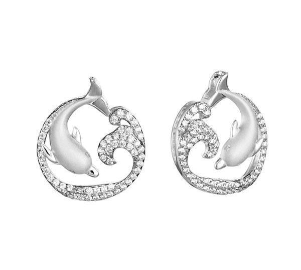 The picture shows a pair of 925 sterling silver swimming dolphin stud earrings with topaz.