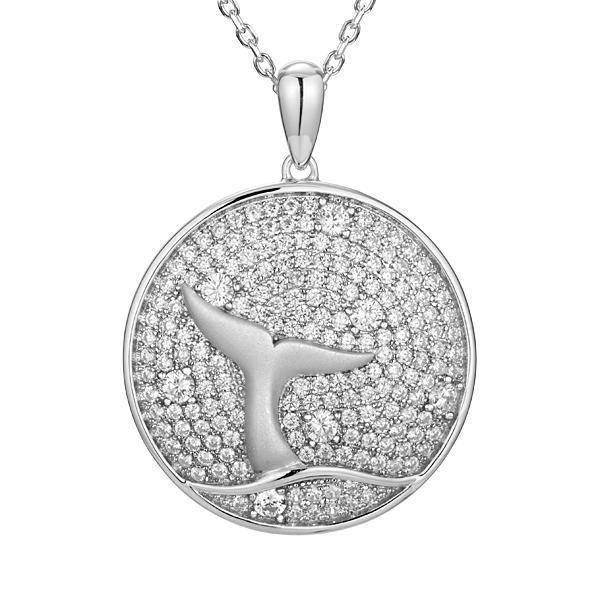 The picture shows a 925 sterling silver, white gold vermeil, pavé whale tail medallion pendant with topaz.