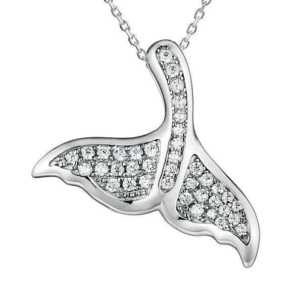 The picture shows a 925 sterling silver, white gold vermeil, pavé whale tail pendant with topaz.