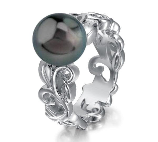 Pearl Plumeria Scroll Lei Ring Ring Island by Koa Nani 5.0 Tahitian Pearl 