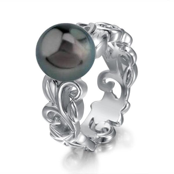 Pearl Plumeria Scroll Lei Ring Ring Island by Koa Nani 5.0 Tahitian Pearl 
