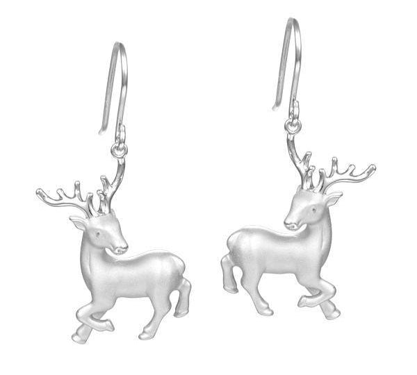 In this photo there is a pair of sterling silver prancing reindeer hook earrings.