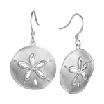 The picture shows a 14K white gold cut out sand dollar hook earrings.