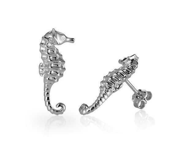 The picture shows a pair of 14K white gold seahorse stud earrings with diamonds.