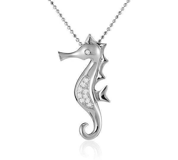 The picture shows a 14K white gold seahorse pendant with diamonds.