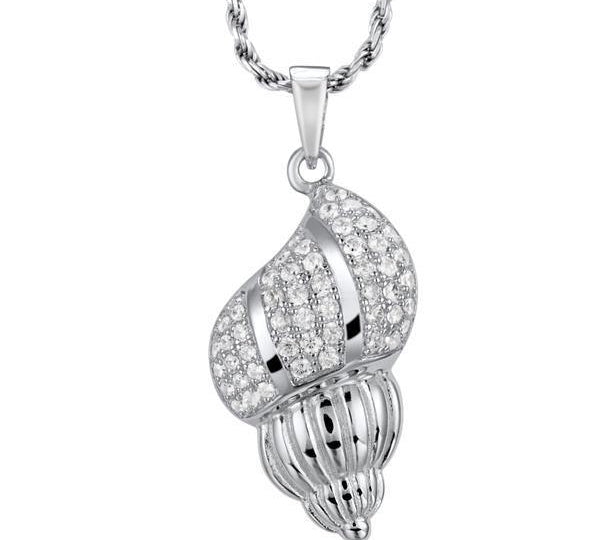 The picture shows a 14K white gold seashell pendant with diamonds.