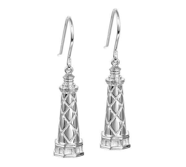 In this photo there is a pair of sterling silver lighthouse hook earrings.
