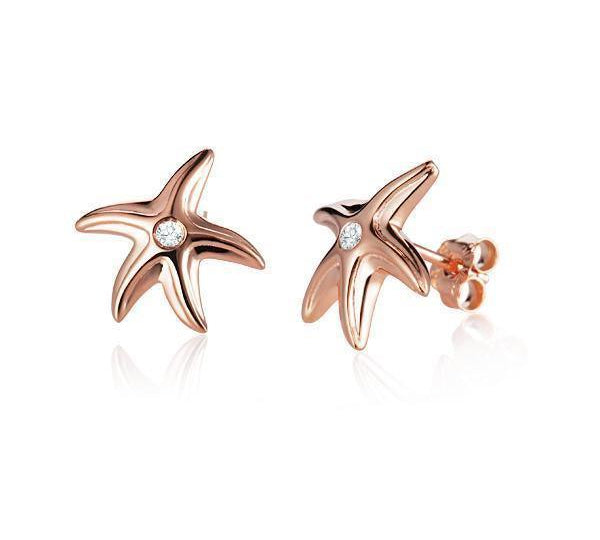 They picture shows a pair of 14k rose gold starfish stud earrings with two diamonds.