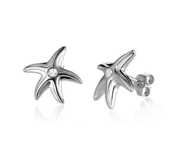 They picture shows a pair of 14k white gold starfish stud earrings with two diamonds.