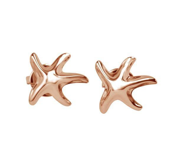 The picture shows a pair of 14K rose gold starfish stud earrings.