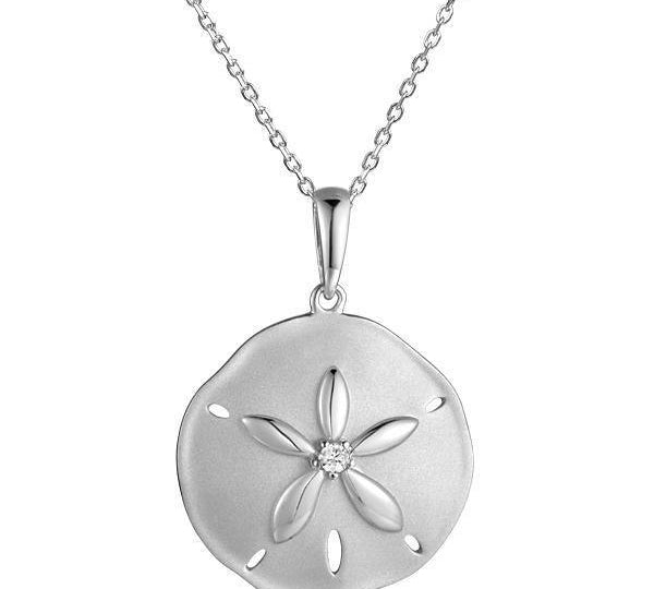 The picture shows a white gold sand dollar pendant with topaz.