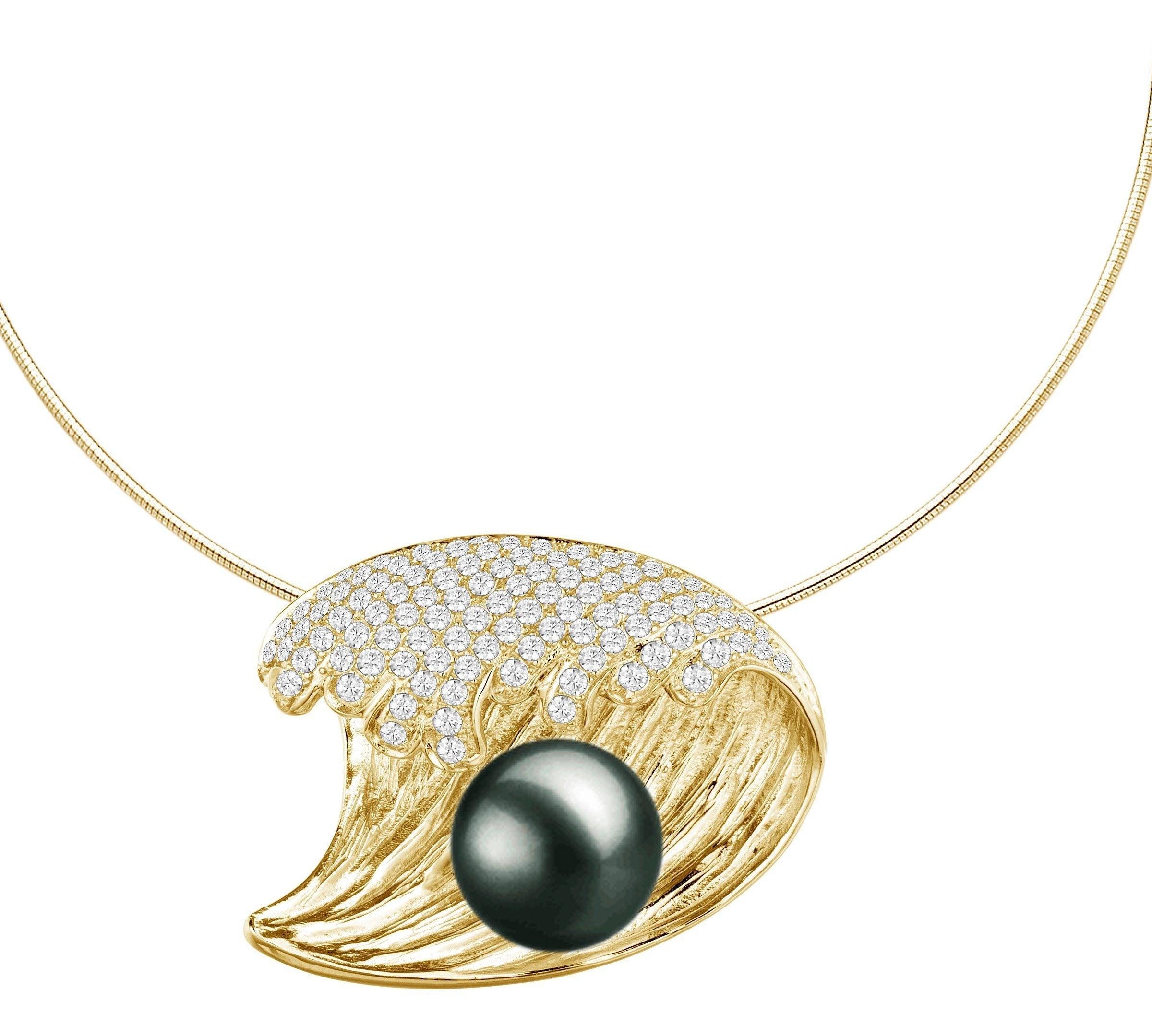 In this photo there is a small yellow gold wave pendant with a dark pearl and diamonds.