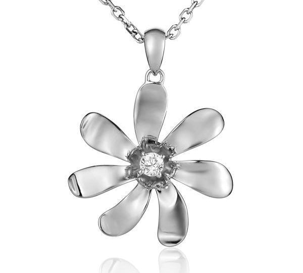 The picture shows a sterling silver tiare flower pendant paired with topaz. 