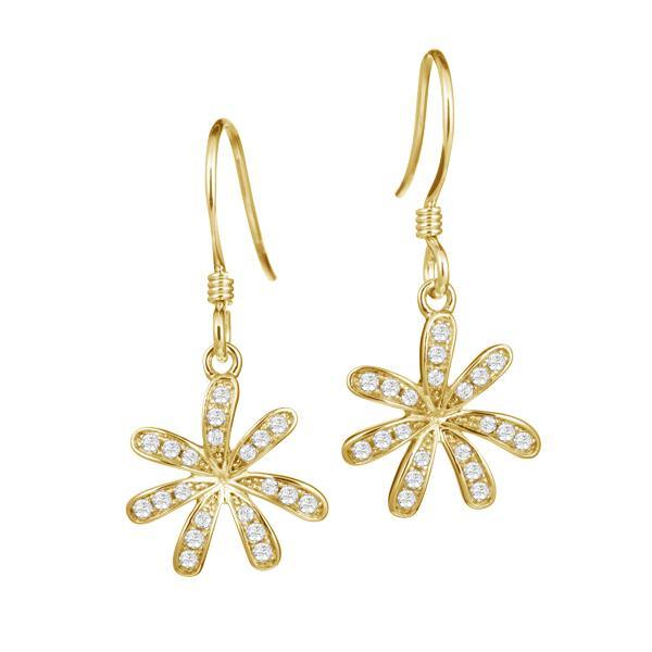 In this photo there is a pair of yellow gold tiare gardenia dangle earrings with topaz gemstones.
