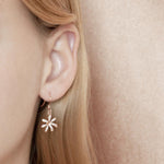 In this photo there is a model with blonde hair wearing rose gold tiare gardenia dangle earrings with topaz gemstones.