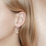 In this photo there is a model with blonde hair in profile, wearing rose gold tiare gardenia dangle earrings with topaz gemstones.