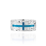 The picture shows a 925 sterling silver and turquoise cross ring with hand engravings.