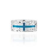 The picture shows a 925 sterling silver and turquoise cross ring with hand engravings.