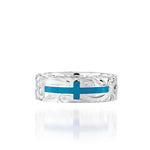 The picture shows a 925 sterling silver and turquoise cross ring with hand engravings.
