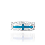 The picture shows a 925 sterling silver and turquoise cross ring with hand engravings.