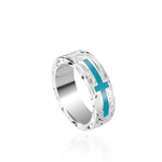 The picture shows a 925 sterling silver and turquoise cross ring with hand engravings.