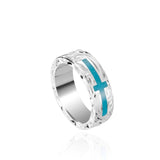 The picture shows a 925 sterling silver and turquoise cross ring with hand engravings.