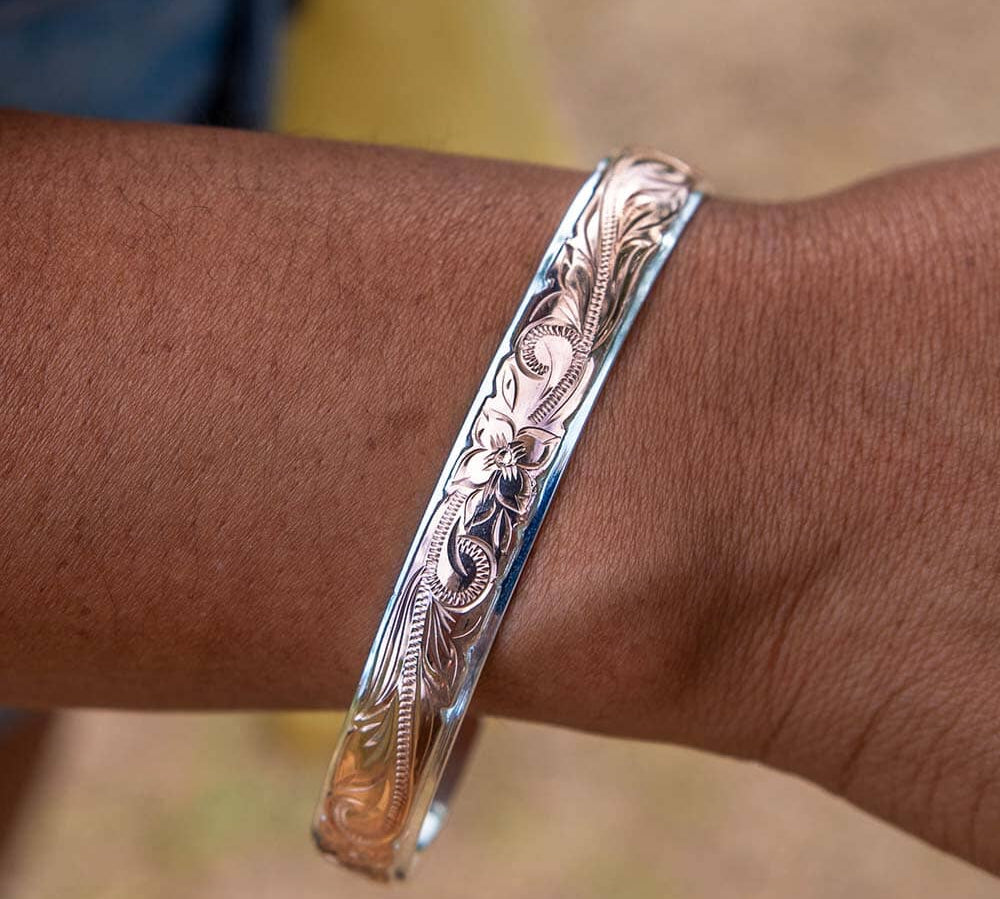 Two-Tone Engraved Plumeria Cuff Bangle Bangle Island by Koa Nani 