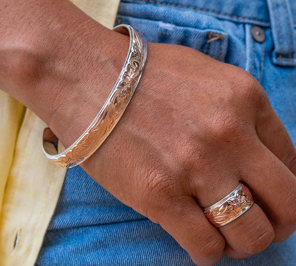 Two-Tone Engraved Plumeria Cuff Bangle Bangle Island by Koa Nani 