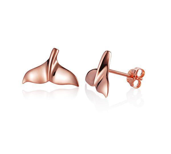 The picture shows a pair of 14K rose gold whale tail stud earrings.