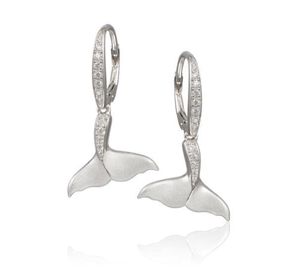 The picture shows a pair of 925 sterling silver whale tail earrings with topaz.