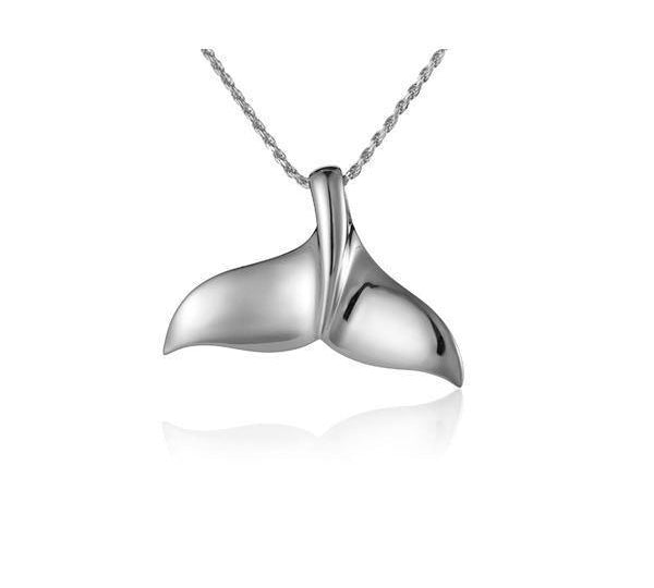 The picture shows a 14K white gold whale tail pendant.